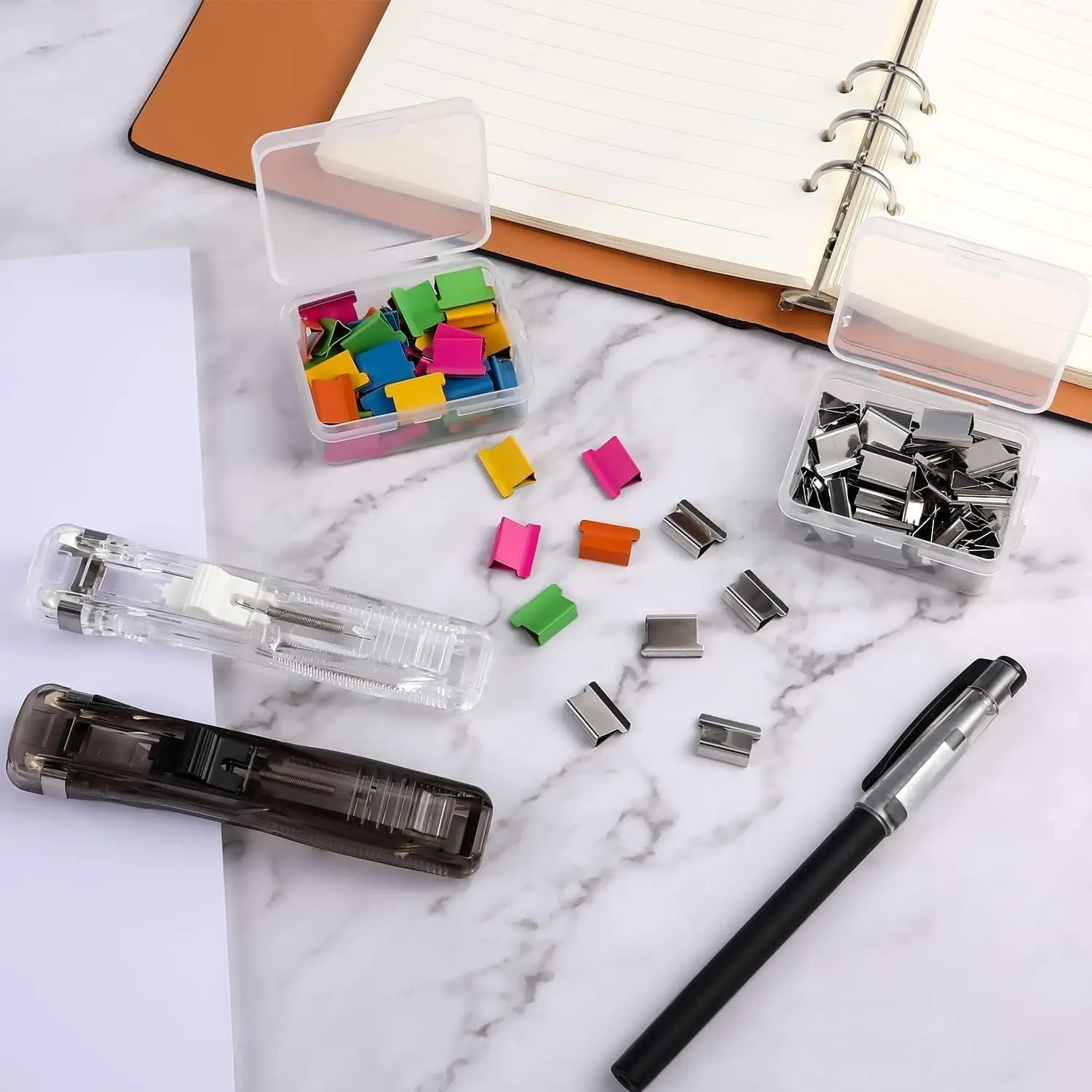 Portable Handheld Binder Clip Pusher with 50 Silver Refill Clips, 40 Sheets Capacity, Fast Paper Clip Dispenser for Desk File Of