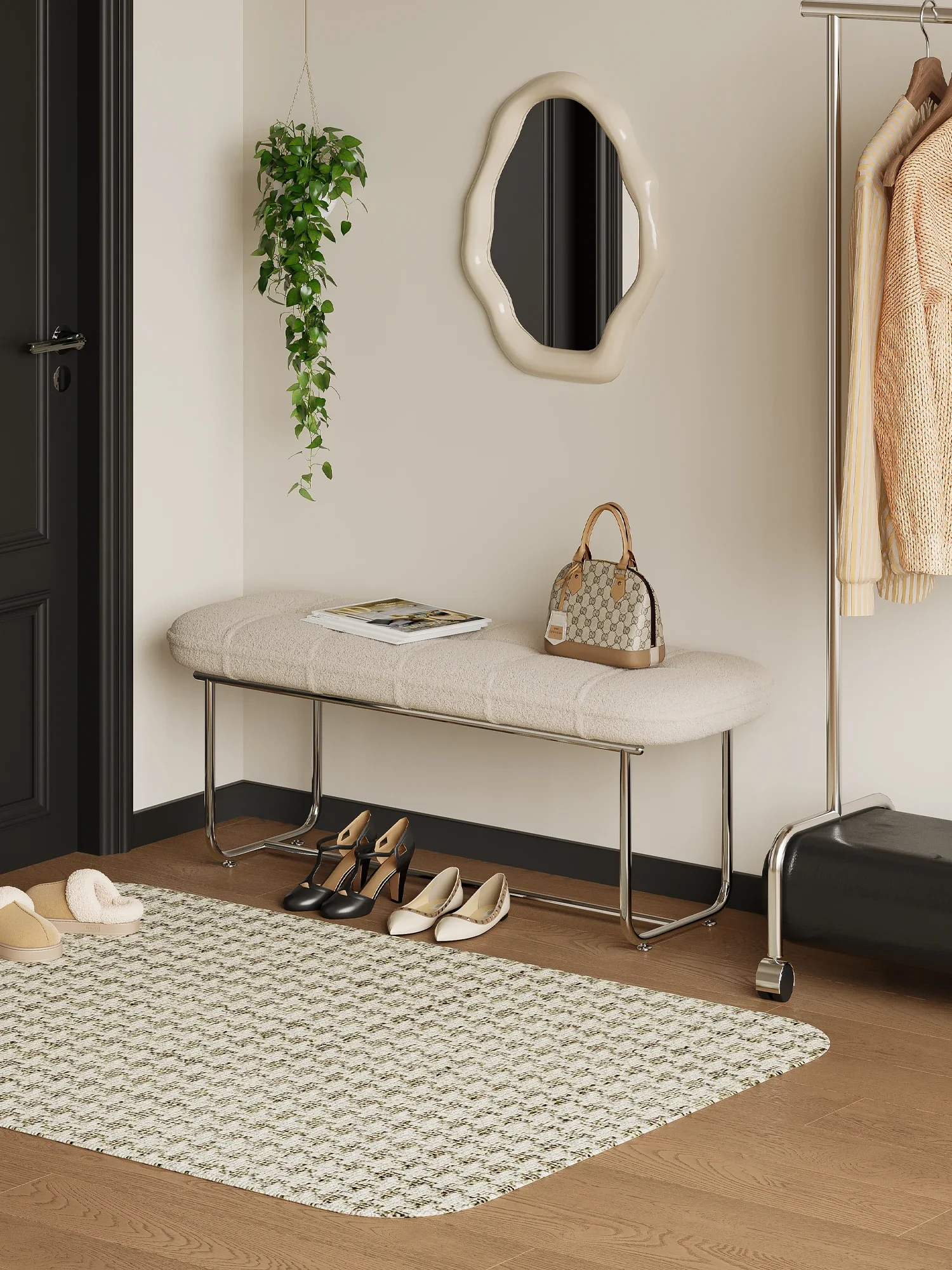 مقعد تغيير الأحذية الكريمي البسيط والحديث، شقة صغيرة، مدخل منزلي، كرسي تغيير الأحذية، مقعد الرياح