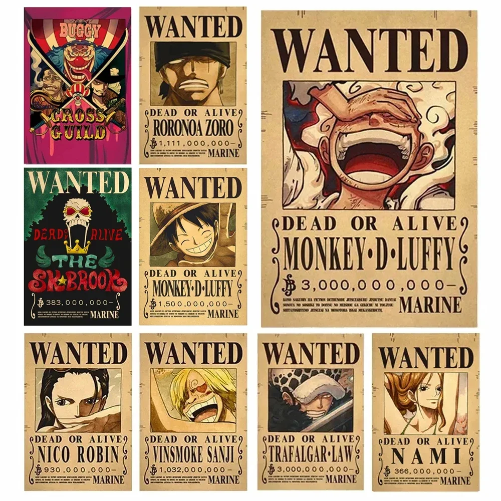 One Piece Wanted Posters 10pcs Set Kids Figures Anime Gear 5 Luffy Sun God Nika Bounty Vintage Living Room Wall Decoration Toys