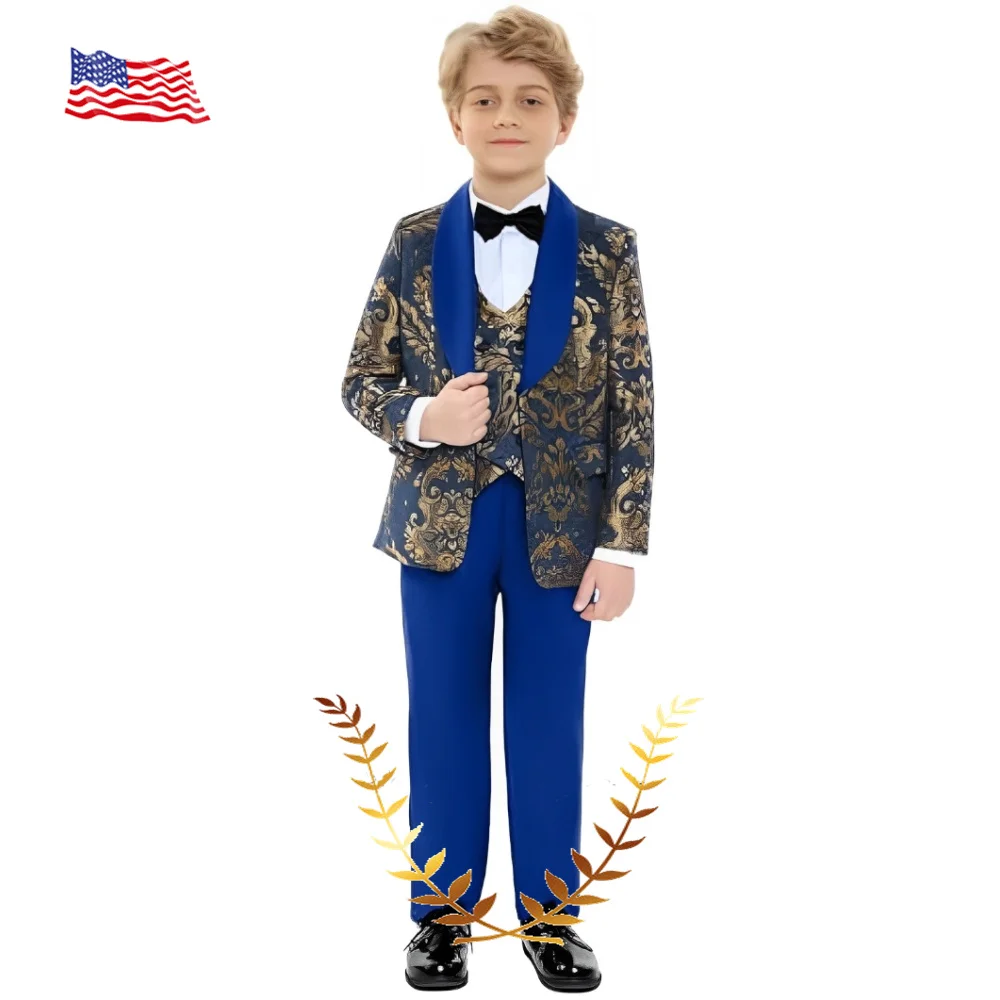 Gold Floral Boys Suit Wedding Dress 3 Piece Jacket Pant Vest Formal Tuxedo High Quality Blazer for Kids