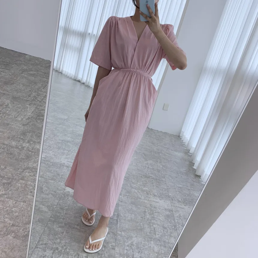 Summer Chic V Neck Long Dress Women 2022 Female Drawstring High Waist Short Sleeve Midi Sundress Solid Color