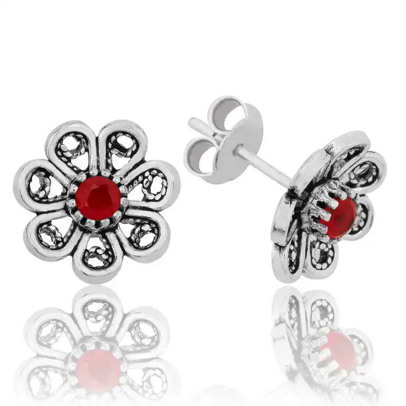 Silver Red Filigree Flower Stud Earrings 925 Sterling Women for Jewelry Wedding Party Birthday Gift - Box - Fashion - Girl - Special Days