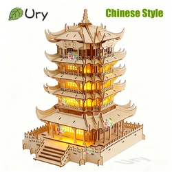 Ury 3D Wooden House Chinese Traditional Puzzle with Light Building DIY Model Game Assembly Desktop Toy Gift for Children Adult