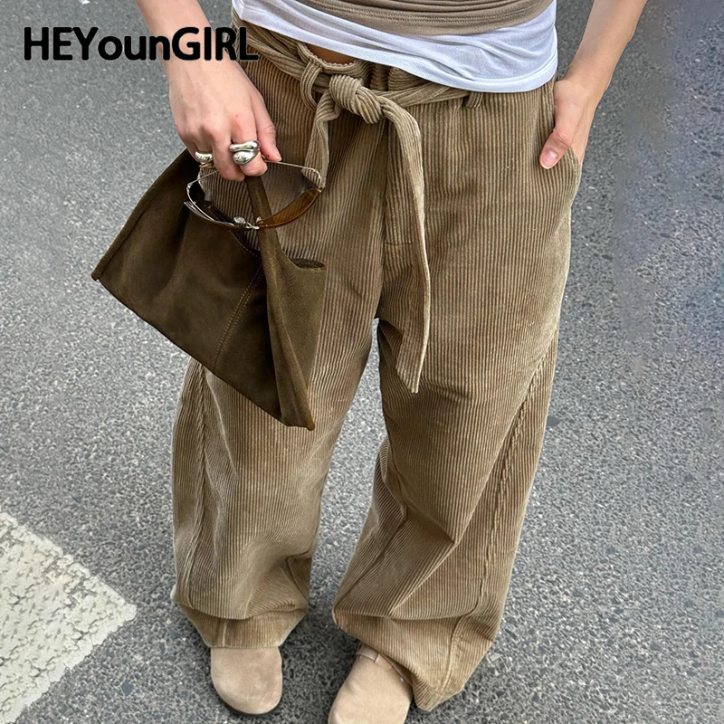 

HEYounGIRL Women Corduroy Pants with Belt Y2K Brown Retro Casual Straight Trousers Minimalist Fashion Ladies Winter Streetwear