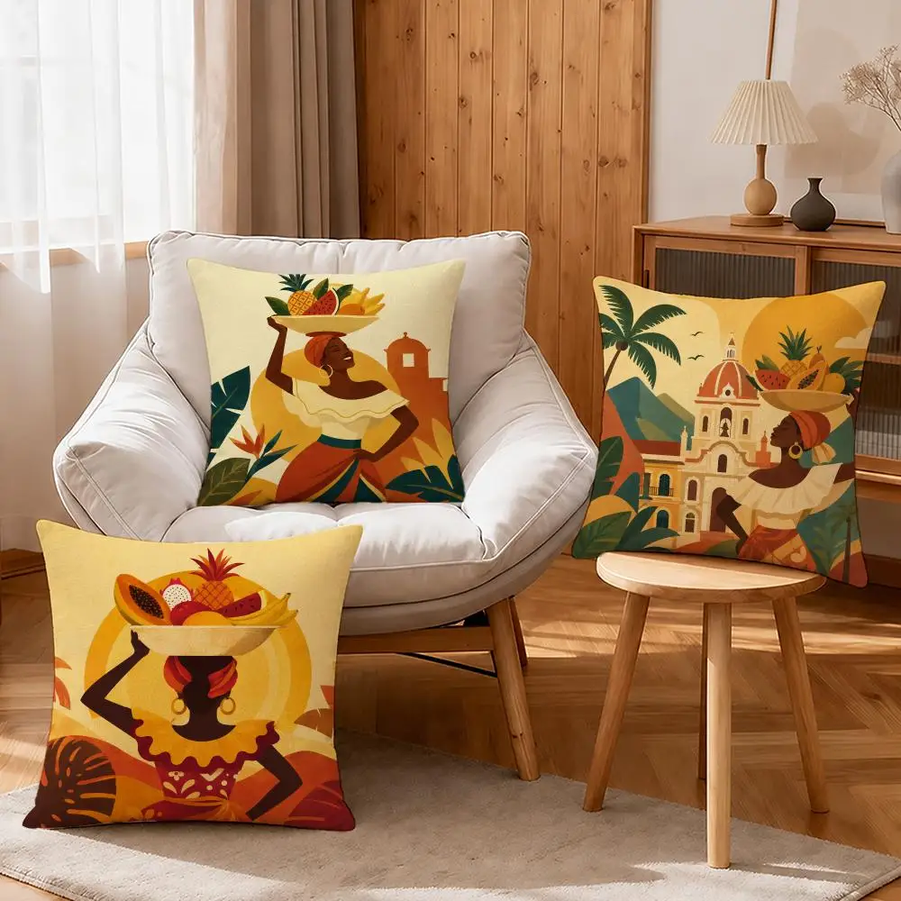 Art Vintage Landscape Colombia Cushion Cover Linen Anti-Mite Antibacterial Cushion Cover Invisible Zipper Sofa Decor