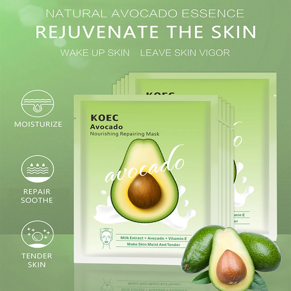10pcs/Set Avocado Face Mask Nourishing Avocado Repair Sheet Mask Deep Moisturizing Brightening Soothing Mask For Skin Care