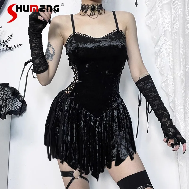 

Japanese Gothic Lolita Suede Waist-Tight Dress Rojita Sexy Dresses Lace-up Cutout Sling Sleeveless Black Slim Fit Vestidos Mujer