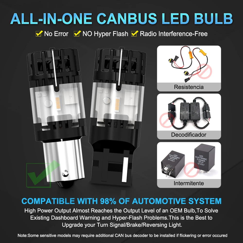 Żarówka LED T20 7440 Bursztynowa Żółta CANBUS Bez Błędów WY21W PY21W P21W BAU15S BA15S Żarówka Kierunkowskazu 580% Super Jasna Lampka Sygnalizacyjna — zdjęcie 6
