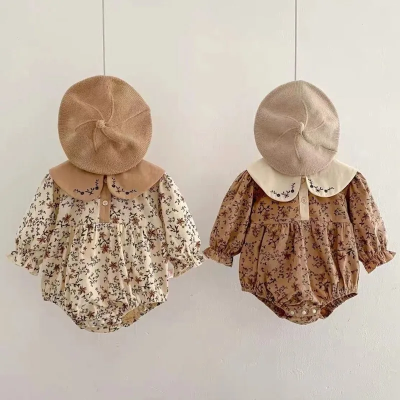 

Осенний комбинезон для маленьких девочек, комбинезон с цветочным принтом для новорожденных девочек, хлопковый комбинезон с вышитым воротником и длинными рукавами для маленьких девочек, боди, наряд