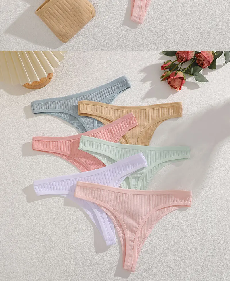 FINETOO 6er-Set Damen gerippte Baumwoll-Tangas, niedrige Taille, atmungsaktive G-String-Unterwäsche, sexy T-Back-Dessous für Frauen – Detail 14