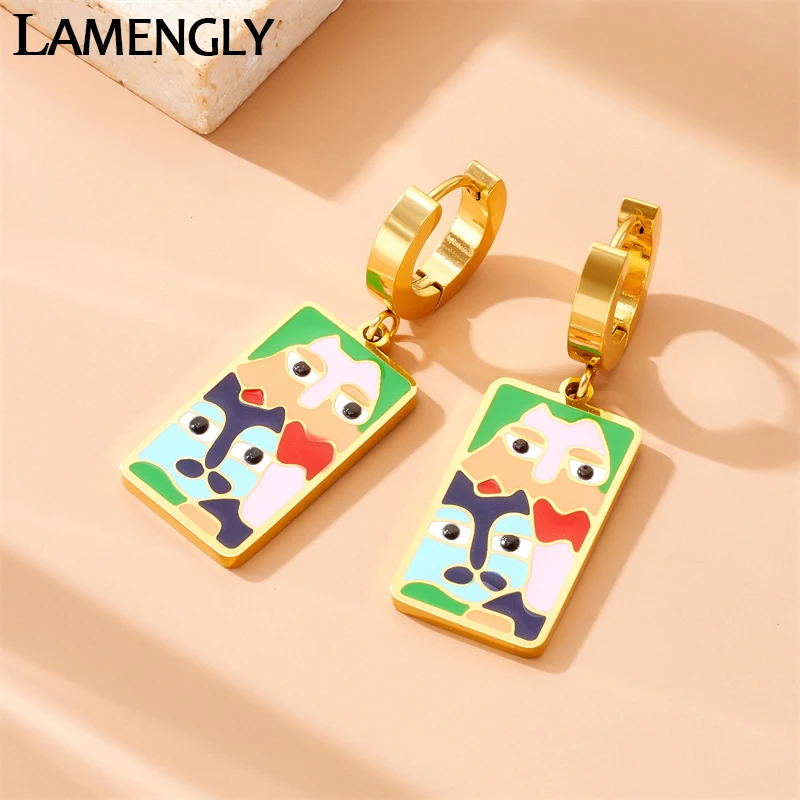 LAMENGLY High Quality 316l Stainless Steel Enamel Cartoon Face Earrings Women Novel Trendy Non-Fading Pendant Earrings Jewelry