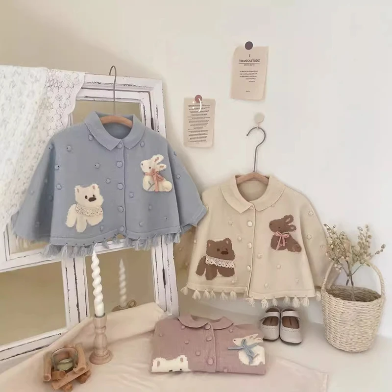 MILANCEL Autumn Children\'s Sweaters 1-6 Y Girls Cartoon Bear Bunny Knit Cardigans Coat Kids Tassel Princess Style Sweater Cloak