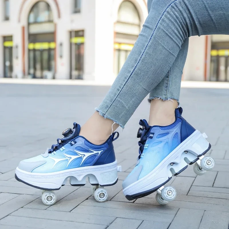 Four-Wheel Deformation Roller Skates Shoes Double-Row Parkour Sports Roller Shoes Men Women Roller Skates Unisex Kids Sneakers