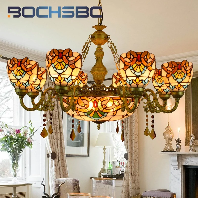 

BOCHSBC Tiffany style stained glass Vintage yellow Baroque multi-head chandelier living Room Dining Room Bedroom bar LED decor