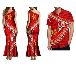 Summer Ladies One-Shoulder Long Dress Slim Fishtail Skirt Men'S Shirt Polynesian Couple Set Custom Tribal Floral Print
