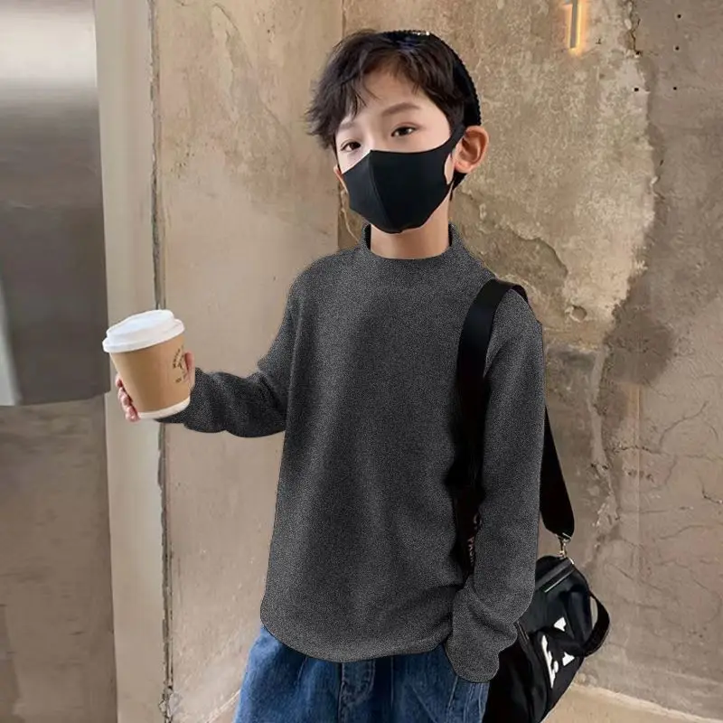 New Baby Boys T shirt Fashion Autumn Winter Solid Thermal Long Sleeve Casual High Collar Thin Velvet Heating Tops 6 8 10 12 Year