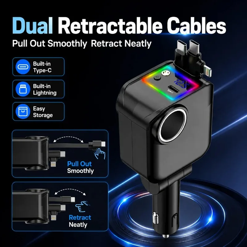 180W Retractable Car Charger USB C Lightning 60W Socket LED Display Starry Light 180 Degree Adjustable Car Adapter