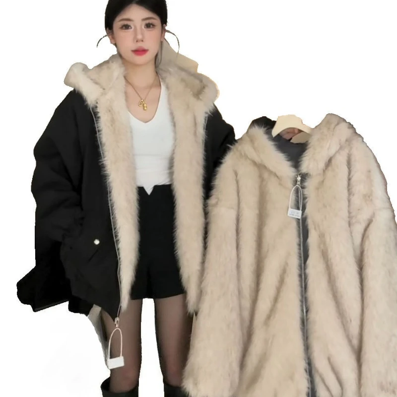2025 invierno nueva gruesa de felpa Retro suelta costura con capucha chaqueta cálida de felpa ropa de doble cara chaqueta Casual Harajuku abrigo de mujer