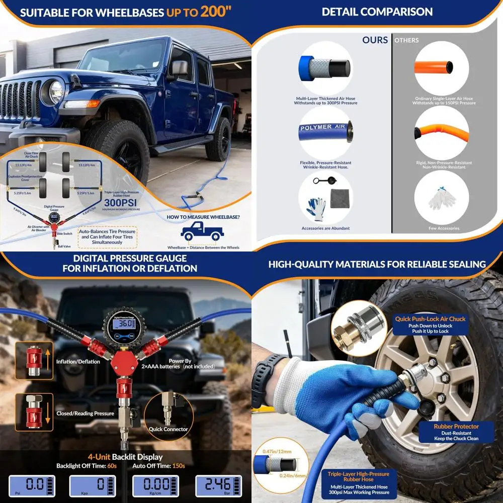 

Комплект 4-стороннего насоса/распылителя шин с твердым корпусом для внедорожных грузовиков, подходит для колесной базой до 200