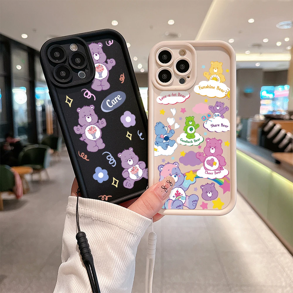 Cute Cartoon C-Cares Bears Phone Case for OPPO A7 A16 A17 A38 A53 A54 A55 A58 A72 A74 A76 A78 A94 A98 5G Cover With Hand Strap