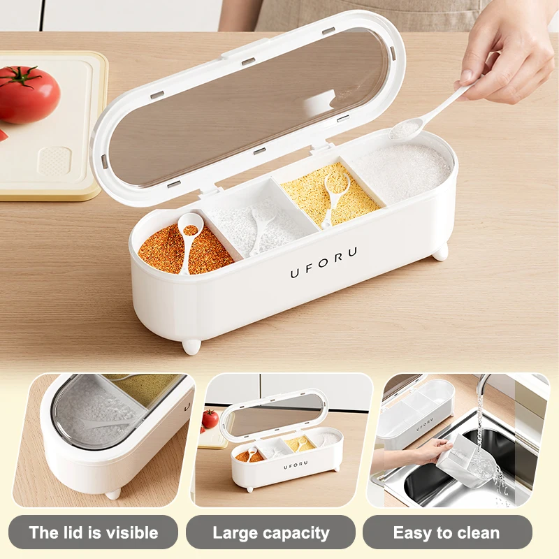 UFORU Visible Lid Seasoning Box 4 Compartments Large Capacity Spice Container with Spoons for Kitchen Countertop