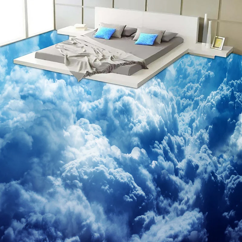 Custom Self-adhesive Floor Mural Modern Blue Sky Clouds 3D Wallpaper Living Room Bedroom Bathroom PVC Creative Home Decor Murals