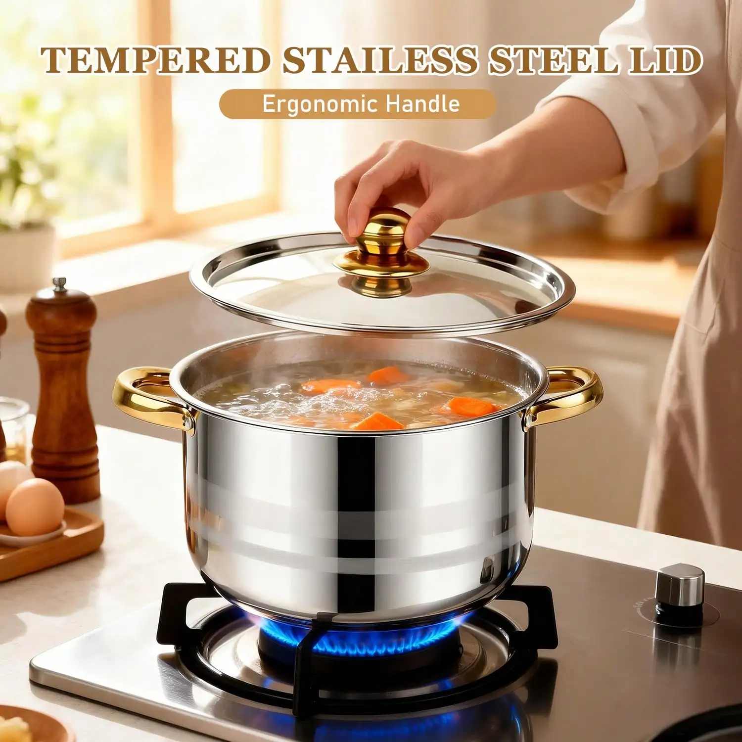 Stainless Steel Pot Set Modern Luxury Cookware Stock Pot Set Silver Body Gold Handles 10 Pcs Set 5 Pots 5 Lids Multi Size Deep Stock Pot For Home Kitchen Restaurant Cooking Soup Noodles Hot Pot Pasta view 3
