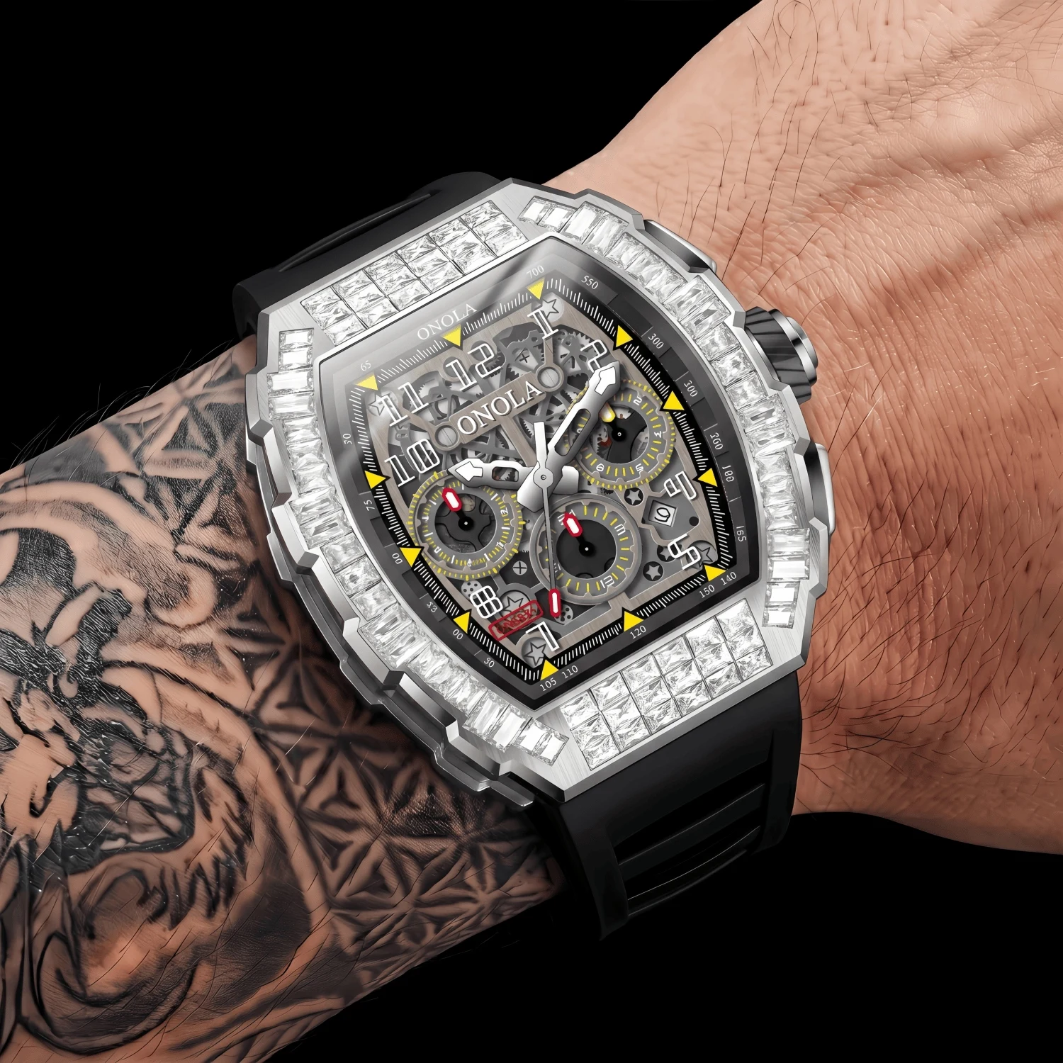Hot Selling Fashion Fully Automatic Mechanical Watches Men ONOLA Unique Design with Diamond Inlaid Waterproof Tape Men's Watch