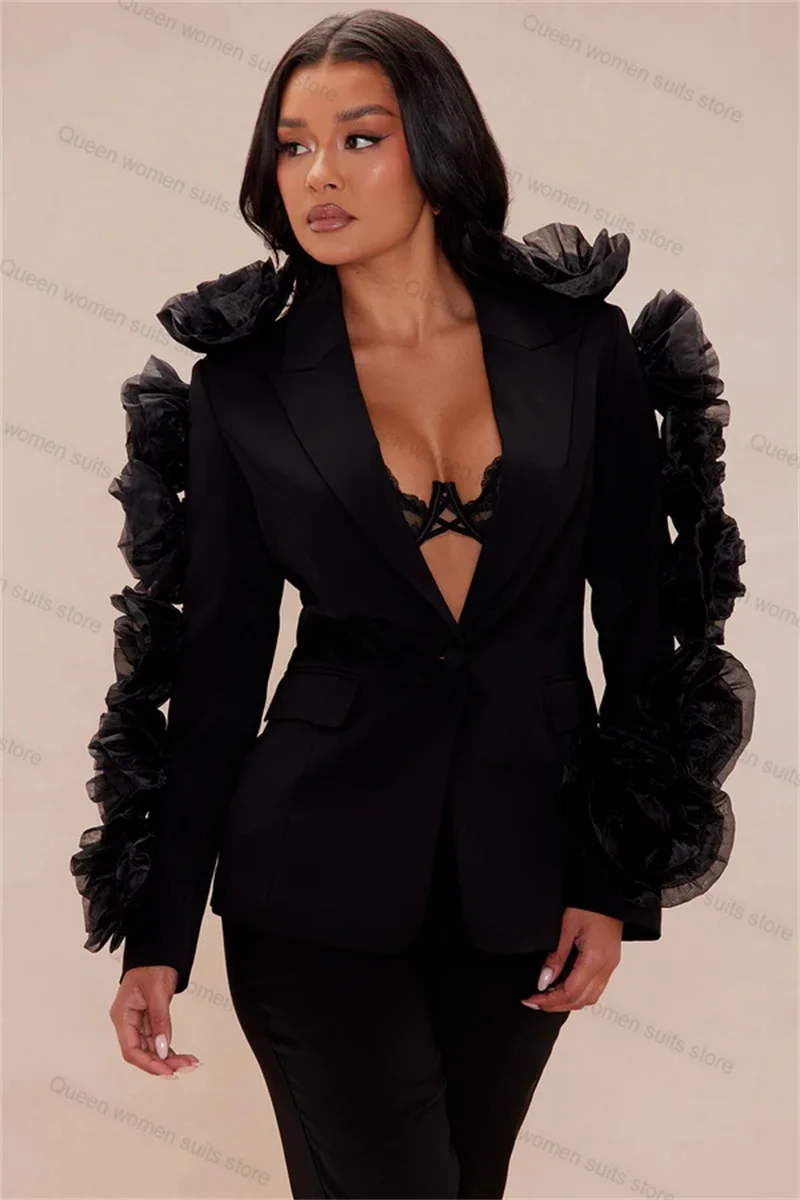 Cotton Black Women Suit Pants Set 2 Piece Blazer+Trouser Formal Office Coat Puffy Sleeve Customized Wedding Tuxedos Prom Jacket