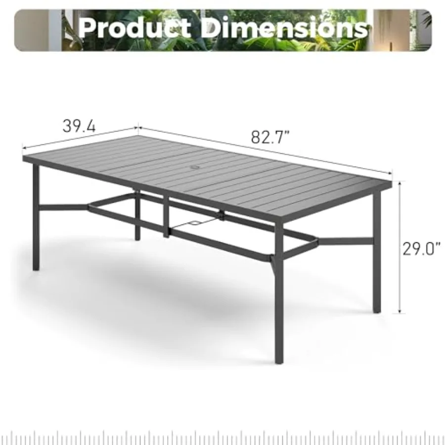 Outdoor dining table for 8, black metal, weather-resistant finish, includes umbrella hole and reinforced legs for stability