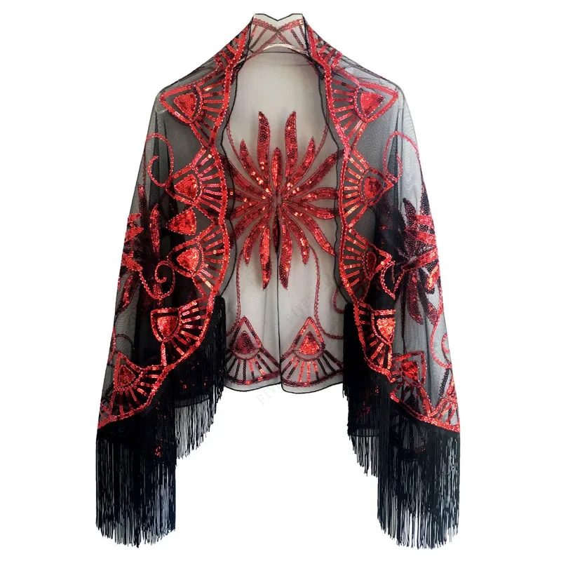 1920s Sequin Beaded Floral Shawl Wraps Fringed Evening Cape Scarf for Wedding Prom Party
