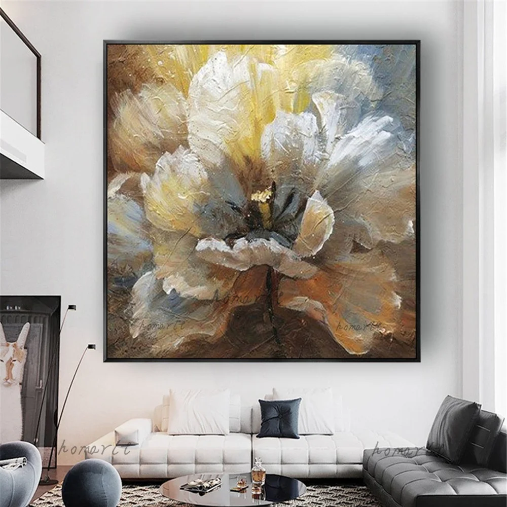 

Nordic Abstract Oil Painting White Flowers On Canvas Artwork Handmade Indoor Hang Poster Decor Living Room Wall Art Pictures