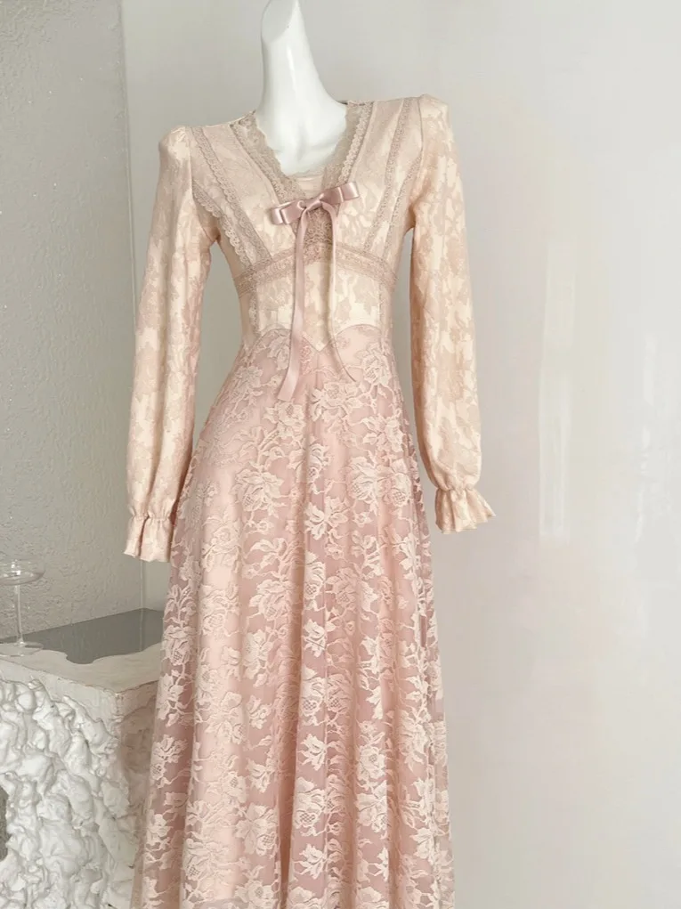 

Ele Pure Desire Long Sve Lace Dr Women's Faion Slimming Waist V-Ne Princ Sle Long Skirt Ci Walk Polyeste...