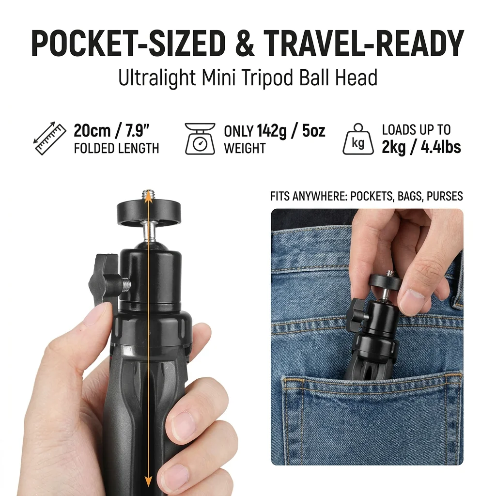 Mini Extendable Desktop Tripod Handheld Photography Bracket Stand w/ Flexible Ballhead 1/4 Inch Screw Mount for Selfie
