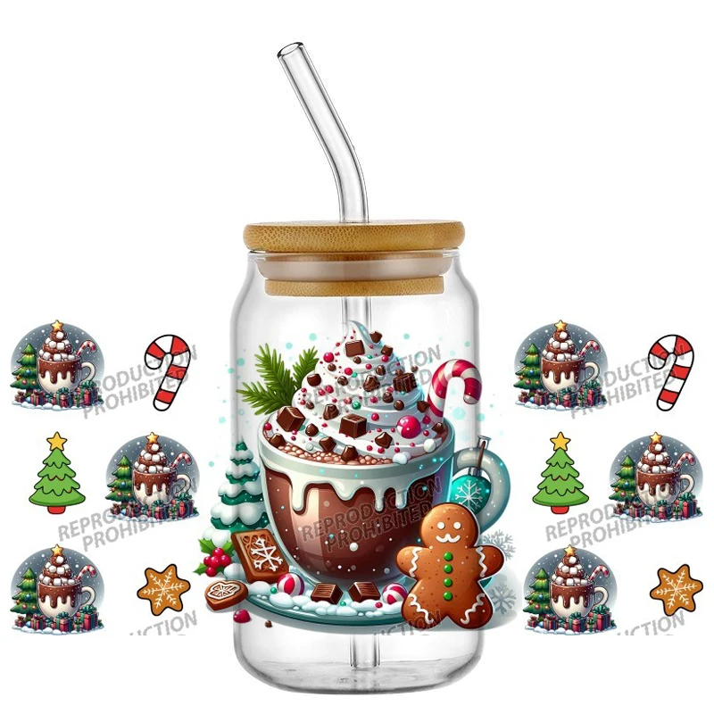 popular merry Christmas Coffee Theme UV DTF Cold Transfer Stickers Durable Print DIY 16oz Glass Can Xmas Gift Decor sticker
