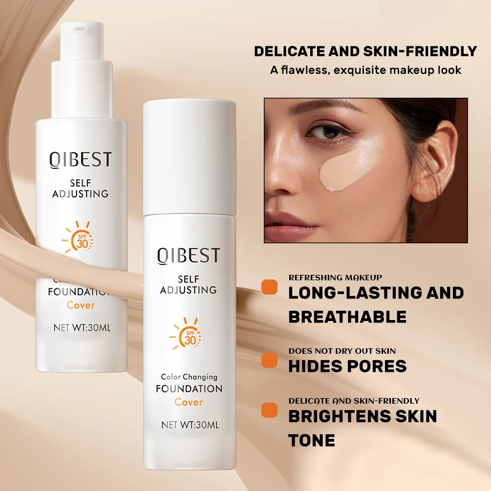 QIBEST カラーチェンジングファンデーション モイスチャライジング SPF 30+ ハイドレーティング ロングウェアリング ウォータープルーフ トラベルカバレッジ メイクアップベース コンシーラー
