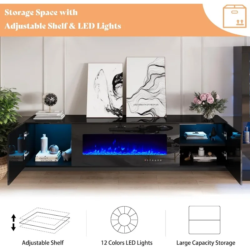 Floating Fireplace TV Stand, Wall Mounted Mirrored Entertainment Center with 40" Electric Fireplace, Modern LED Lights Medi