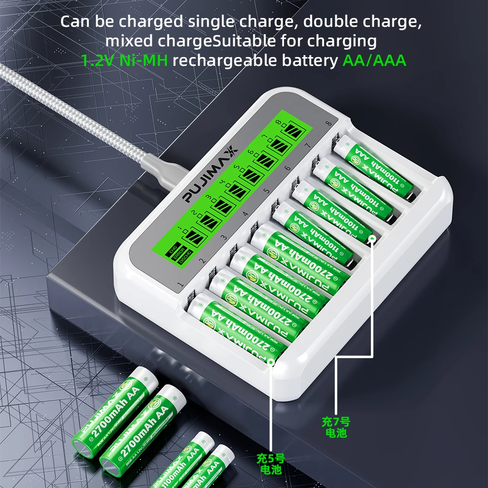PUJIAMX 1.2V AA/AAA Rechargeable NI-MH Battery Charger LCD Display Portable Adapter Type C Charger Interface Fast Charging Tool