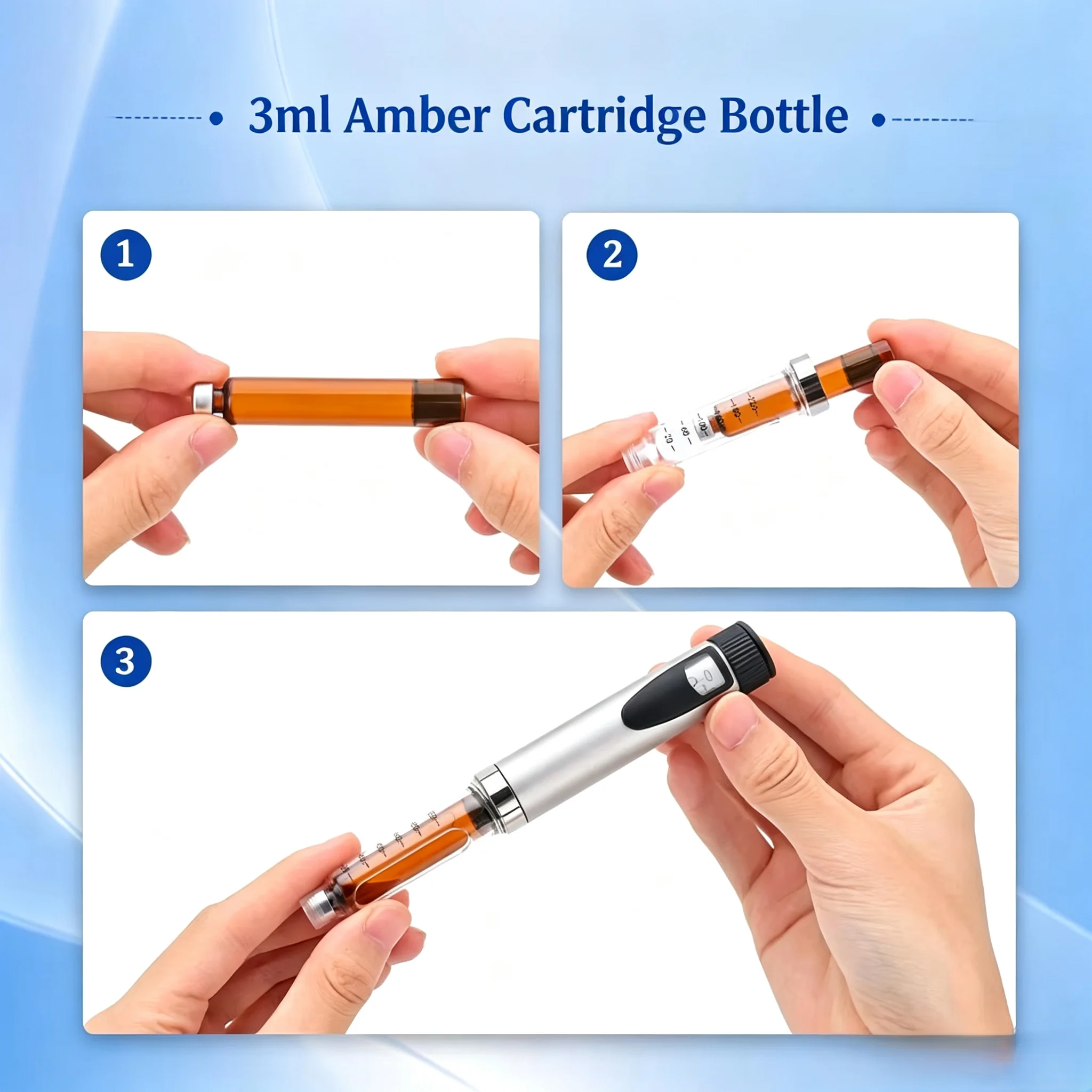 100Pcs Lightproof Amber 3ml Glass Cartridges for Peptide Pen V1 V2, Sterile Individually Wrapped with 11mm Long Rubber Stopper