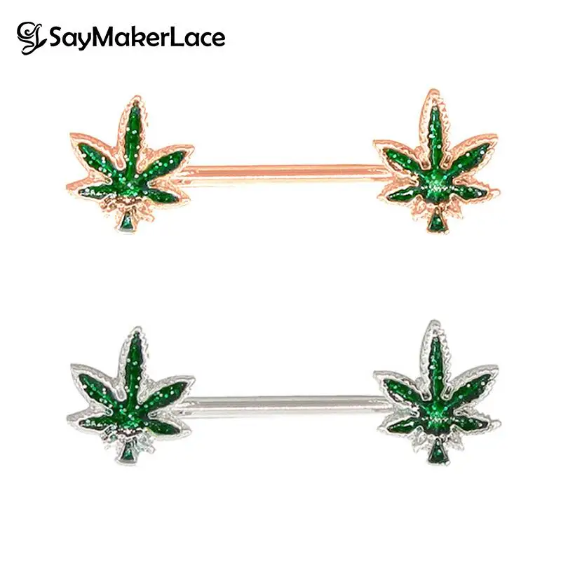 Piercing Sexy de hoja de arce verde para pezón, barra Sexy, anillos para pezón, joyería creativa Punk, joyería para el cuerpo, 1 pieza