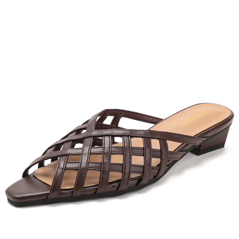 Women Sandals Weaving Hollow Out Square Head 4CM Middle Heels Design Summer New Retro Sexy Career Office Women's Shoes 36-42