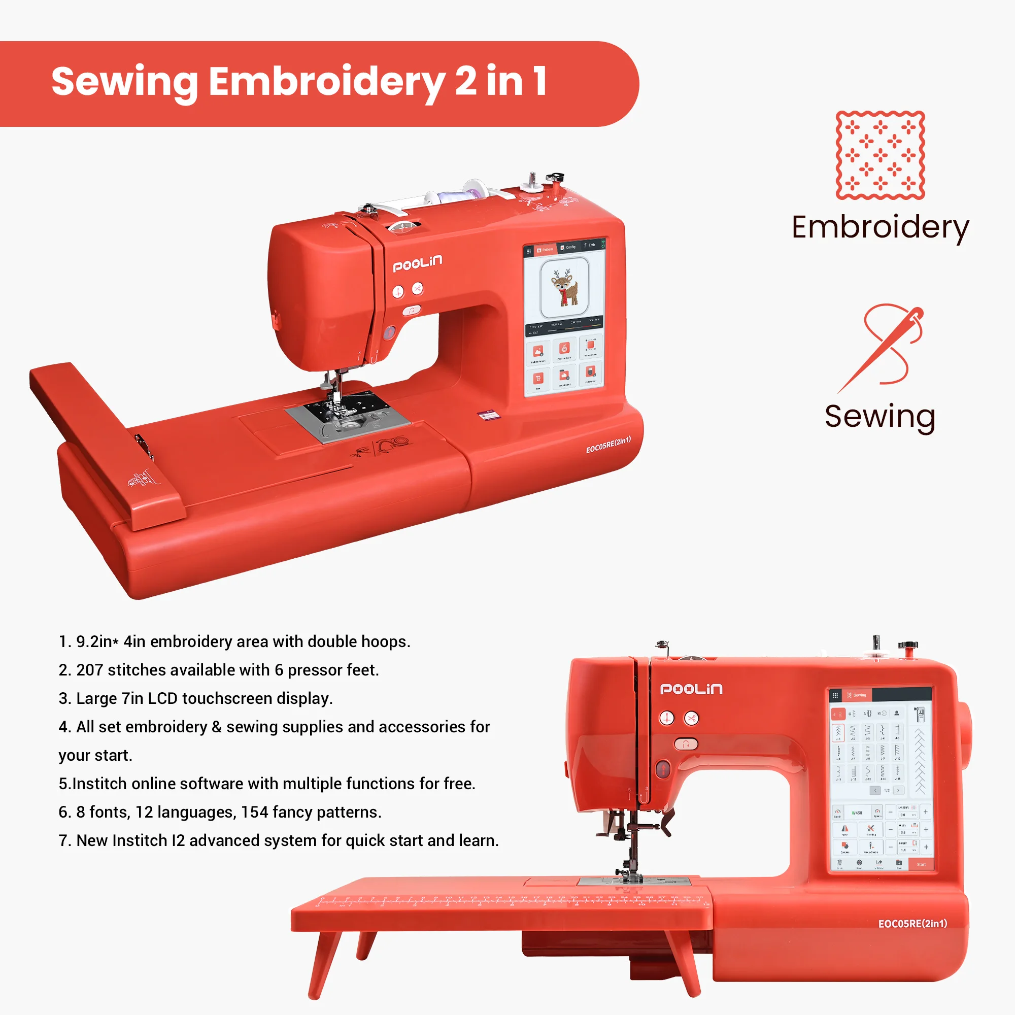 PooLin EOC05RE(2in1) Mini Computerized Embroidery Machine Single Needle Portable for Home and Clothing Shops For BAI