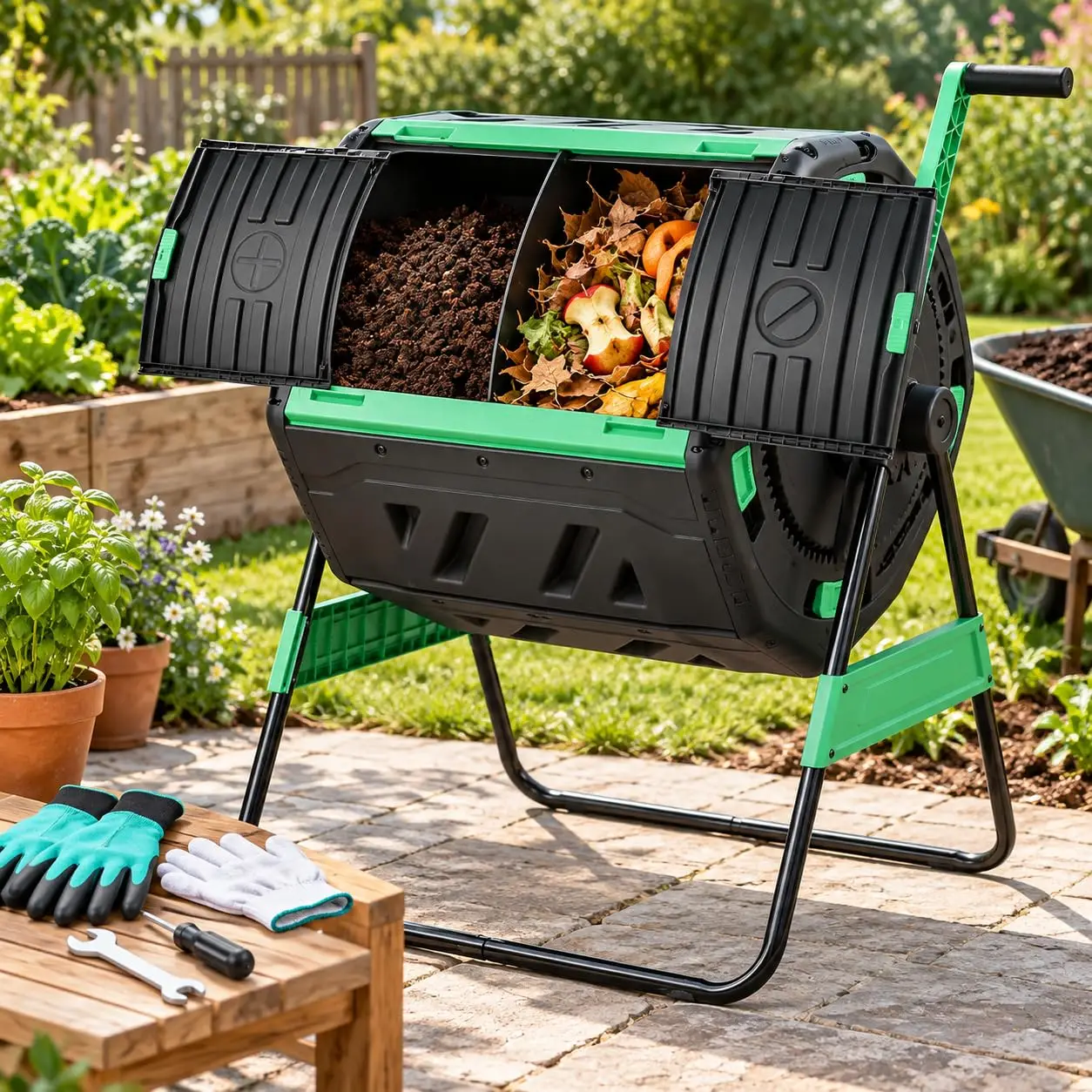 Compost Bin 53 Gallon Dual Chamber Compost Tumbler, Outdoor Large Tumbling Rotating Composter with 2 Sliding Doors,, Customized