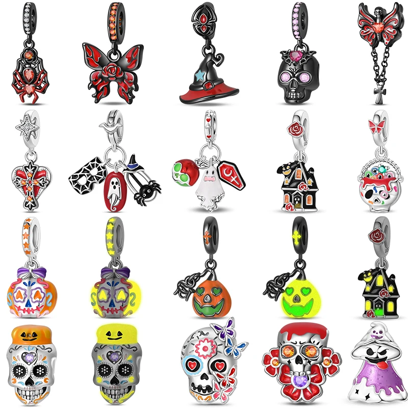 2025 Halloween Charms Bead 925 Sterling Silver Black Magic Hat Spider Luminous Skull Dangle Fit Bracelet Necklace DIY Jewelry