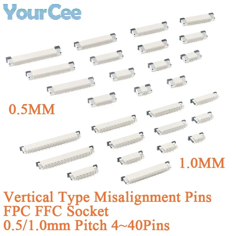 10Pcs 0.5mm 1.0mm Pitch FPC FFC Connector Socket Vertical Type Misalignment Cross Pins 4 5 6 8 10 12 16 18 20 26 28 30 34 40pin