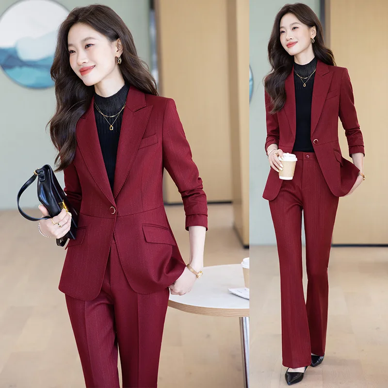 Fashion Autumn Ladies Pant Suit Women Striped Business Work Wear Jacket Blazer and Trouser Formal 2 Piece Set Female Coat Pants