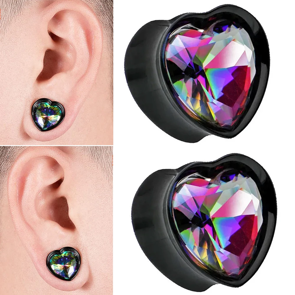 1PC Surgical Steel Heart-Shaped Zircon Double Flared Ear Tunnels And Plugs Black Stretcher Expander Sold As Pair Gauge 8mm-25mm