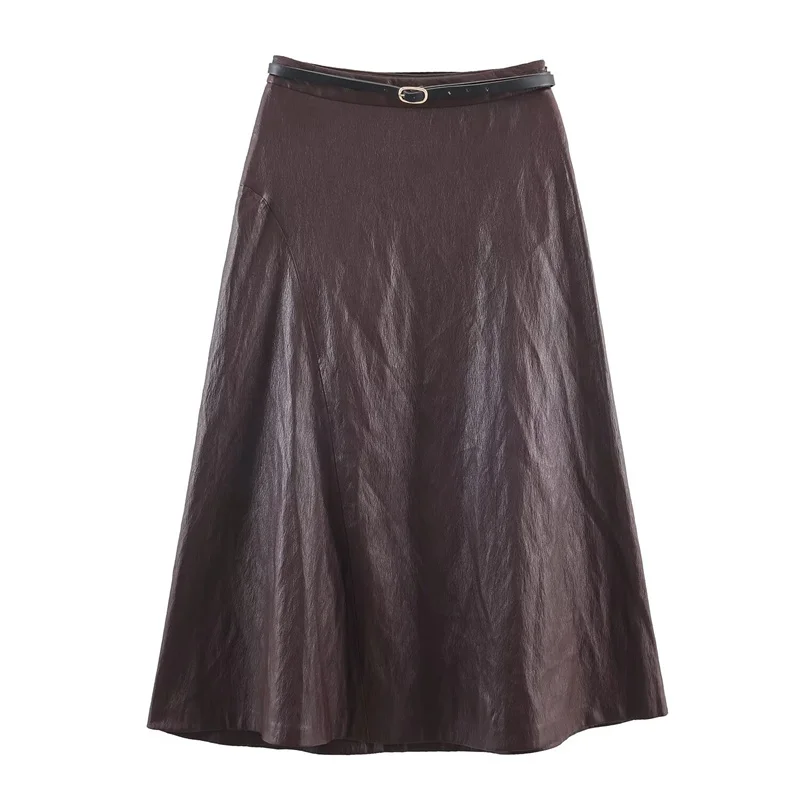 

Women's Skirt 2025 Autumn New Style, Reddish-Brown Faux Leather Effect Midi Skirt Casual and Fashionable Versatile and Unique