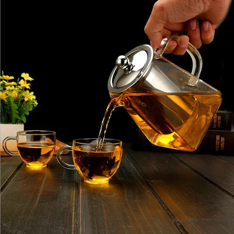 New Heat Resistant Glass Teapot With Stainless Steel Infuser Heated Container Tea Pot Good Clear Kettle Square Filter Baskets