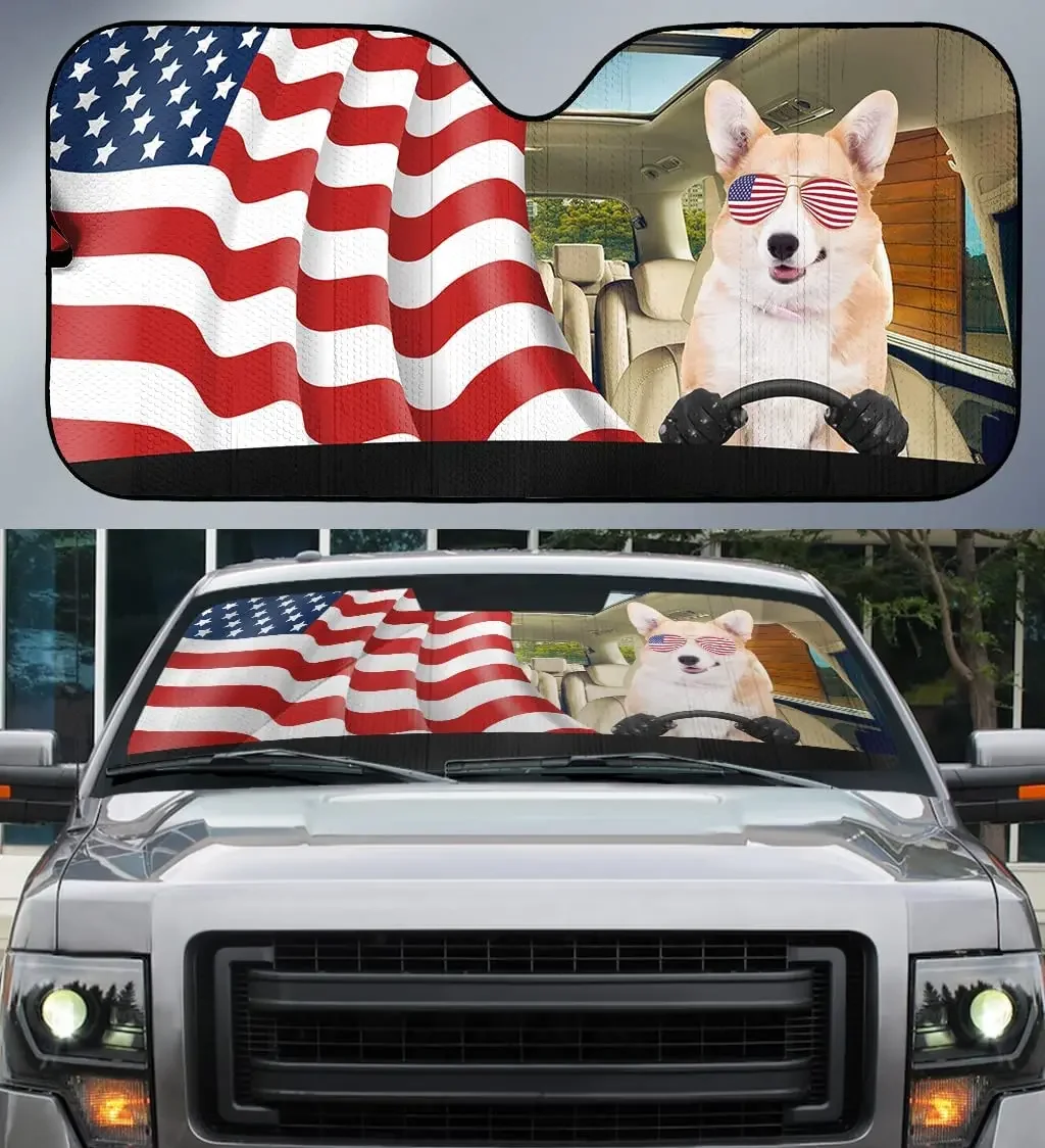 Welsh Corgi Dog Driving Left Hand with America Flag Car Sunshade,Auto Sun Shade, Windshield Visor for UV Sun Block,